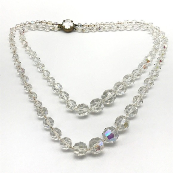 Vintage Clear AB Aurora Borealis Crystal Graduated Double Strand Necklace - Picture 7 of 7